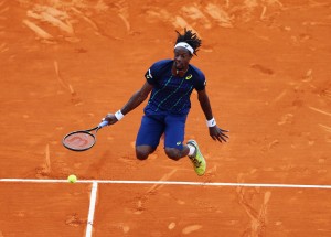 MONTE-CARLO, MONACO - APRIL 17: Gael Monfils of France jumps to return the ball during the singles final match against Rafael Nadal of Spain on day eight of the Monte Carlo Rolex Masters at Monte-Carlo Sporting Club on April 17, 2016 in Monte-Carlo, Monaco. (Photo by Michael Steele/Getty Images)