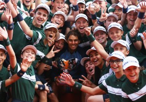 MONTE-CARLO, MONACO - APRIL 17:  Rafael Nadal of Spain celebrates with ball boys and girls after victory in the singles final match against Gael Monfils of France during day eight of the  Monte Carlo Rolex Masters at Monte-Carlo Sporting Club on April 17, 2016 in Monte-Carlo, Monaco.  (Photo by Michael Steele/Getty Images)